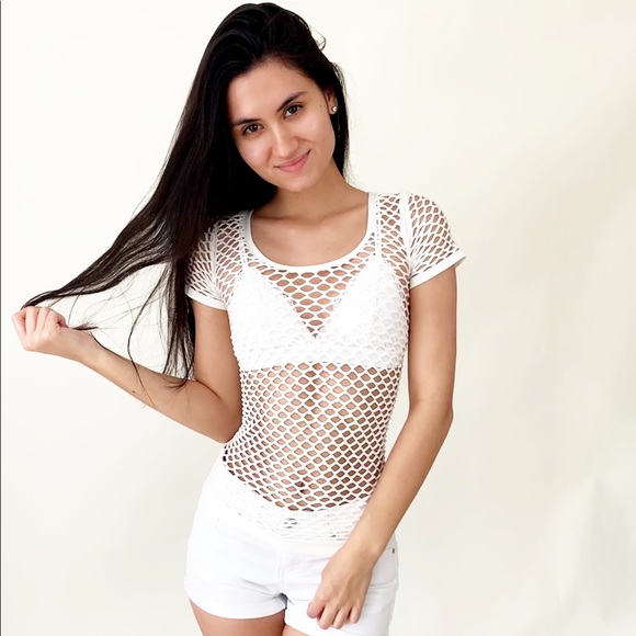 white fishnet top